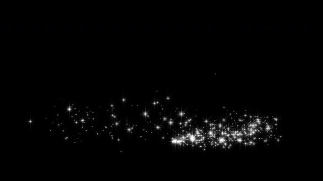 Glittering star dust trail sparkling particles, forming festive star burst effects and cinematic overlay visuals on a black screen, white glowing twinkling particles, fairy sparkle burst, 4k loop