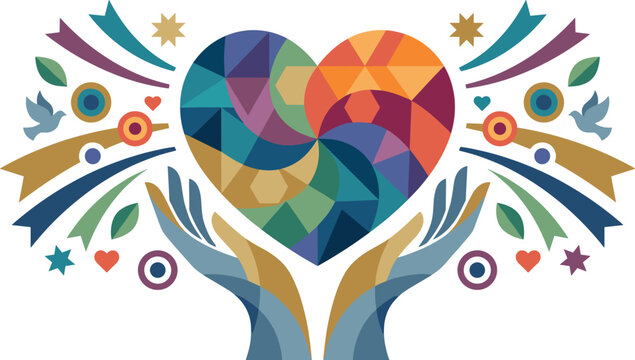Abstract geometric vector composition of cupped hands holding a mosaic polygon heart with flying peace doves for community charity concepts