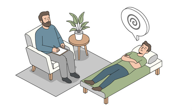 Patient lying on a therapy bed during a hypnosis or psychological counseling session with a professional therapist taking notes.