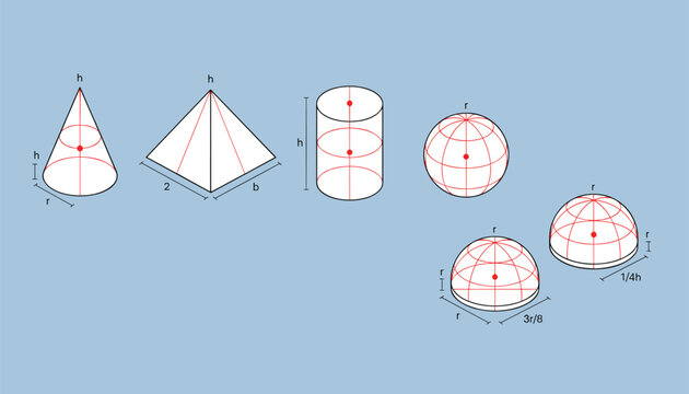 Geometric 3D illustrations of basic mathematical solids including a cone, pyramid, cylinder, sphere, and hemispheres for educational use.