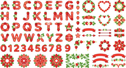 Cute strawberry alphabet numbers and floral frame elements set sweet berry typography design vectorCute strawberry alphabet numbers and floral frame elements set sweet berry typography design vector © MdAmzad