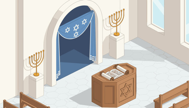 Inside a modern synagogue featuring an open Torah scroll on a wooden podium blue draped curtains with star symbols and golden menorah candlesticks.