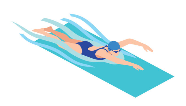 Athletic woman swimming in a pool with blue water strokes creating a dynamic visual of professional sports and physical fitness training.
