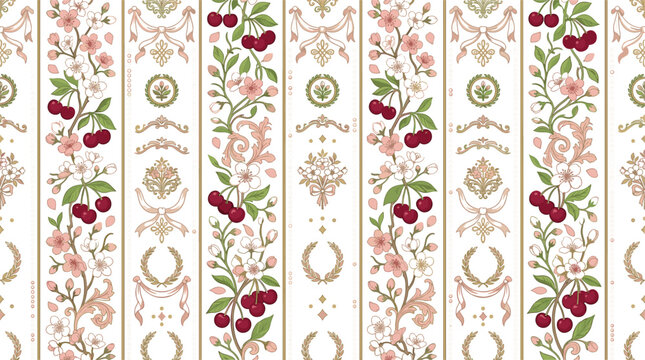Vintage rococo seamless stripe pattern with sweet cherries cherry blossoms and damask ornaments vector