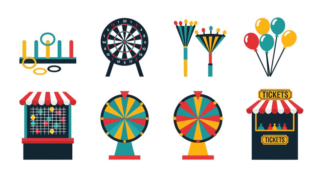 Carnival Games Icons Set: Darts, Ring Toss, Fortune Wheels, Balloons, Ticket Booths