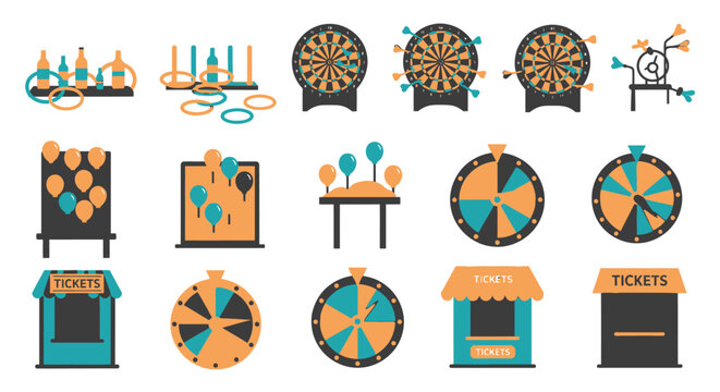 Carnival Games Icons Set: Ring Toss, Darts, Wheel of Fortune, Balloon Pop