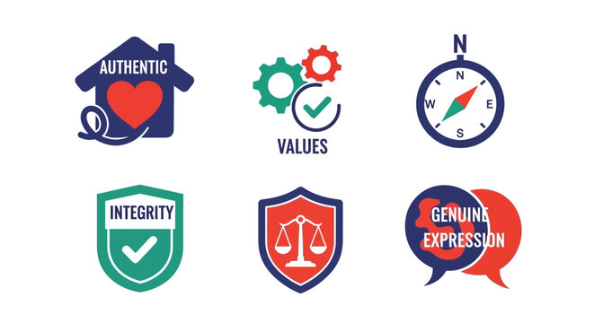 Core Values Icons: Authenticity, Integrity, Genuine Expression, Compass, Justice, Teamwork