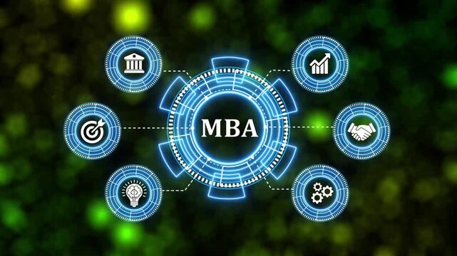 Master of business administration digital concept with icons in holographic interface.