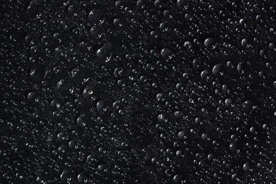 Real rain droplet overlay photo on black background with natural water drop texture.