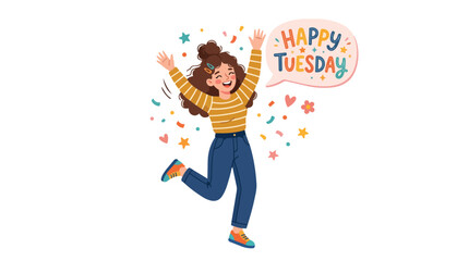 Fototapeta premium Cheerful Young Woman Jumping in the Air with Joyful Expression and Happy Tuesday Speech Bubble and Star Decoration