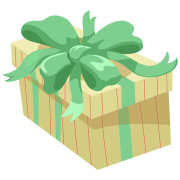 Beige Striped Gift Box with Mint Green Ribbon Vector Illustration