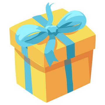 Bright Yellow Gift Box with Cyan Blue Ribbon Vector Illustration