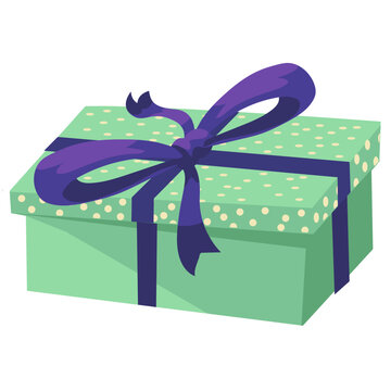 Mint Green Polka Dot Gift Box with Dark Purple Ribbon Vector Illustration