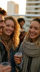 Obraz premium Friends enjoying drinks and conversation on a rooftop at sunset