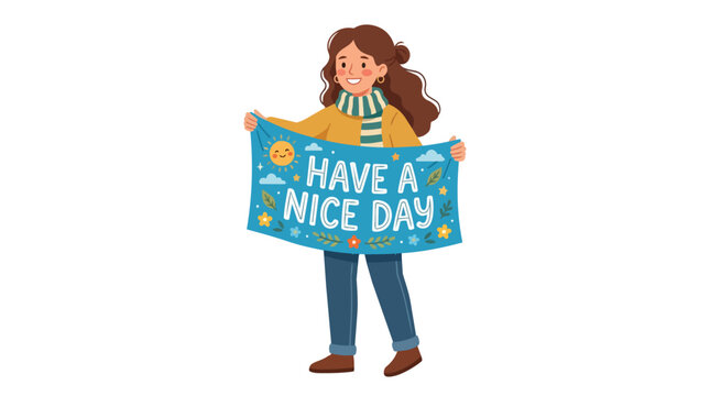 Happy Girl Holding Have a Nice Day Sign with Sun and Clouds Motif Positive Greeting Graphic for Web and Print Design