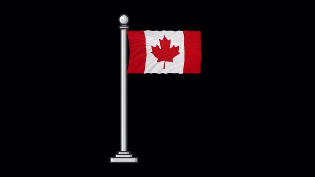Canada National Flag on Flagpole Waving, Seamless Loop Animated Video with Alpha Channel 4K Video
