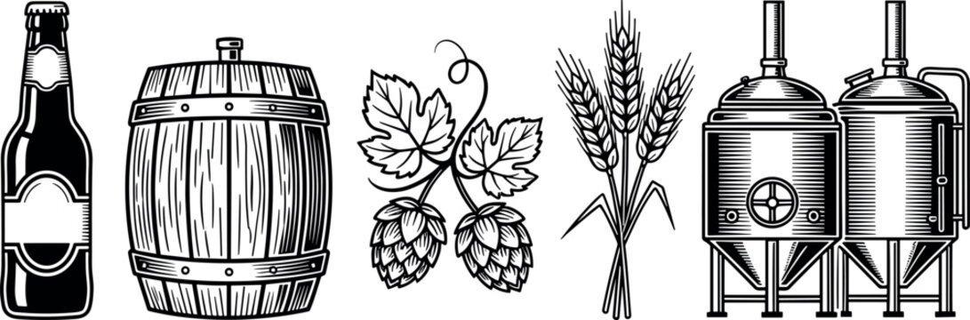 Professional vintage brewery icons set featuring bottle, barrel, and hops in a detailed black and white woodcut style for a pub.