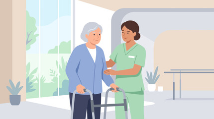 Fototapeta premium Nurse helps elderly woman with walker in care home interior