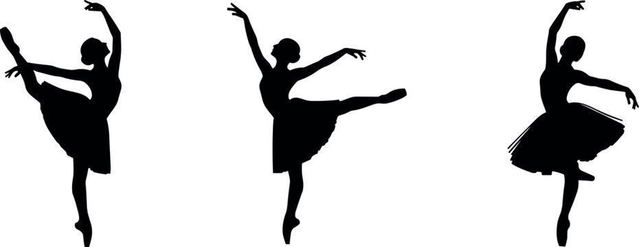 A group of three elegant black silhouettes of ballet dancers performing graceful poses on a clean white background.