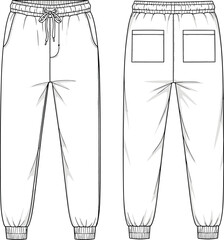 Professional fashion technical flat sketch of unisex sweatpants showcasing front and back views on a white background. © Vector Expert
