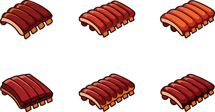 Barbecue ribs vector illustration set featuring grilled smoked pork or beef racks with sticky glaze coating for bbq restaurant menu design.