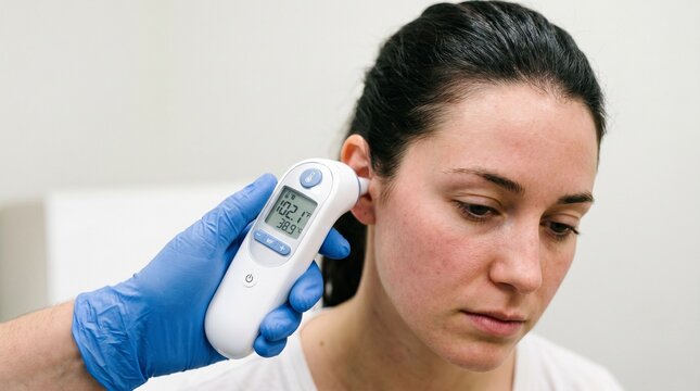 doctor checking patient temperature with ear thermometer
