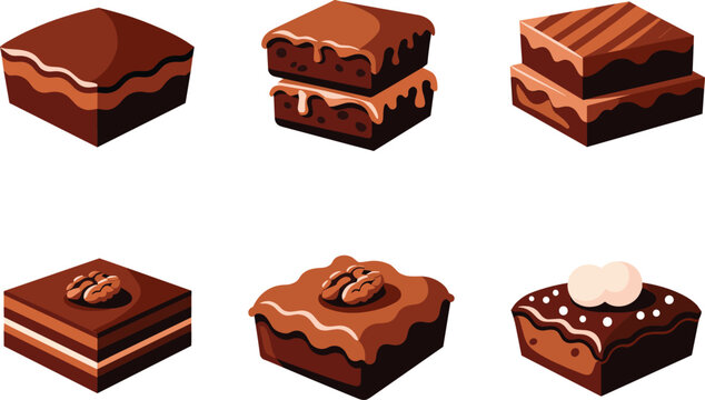 Brownies vector illustration set featuring chocolate fudge squares layered blocks pecans walnuts and drizzle icing toppings for bakery dessert food design.
