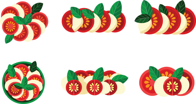 Caprese salad vector illustration set with fresh layered tomato slices, gourmet mozzarella cheese, and green basil leaves for Italian culinary menu design.