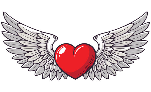 Vector illustration of a vintage flying love heart with hatching shading and spread wings