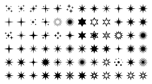 Large Collection of Diverse Star and Sparkle Icons, Isolated White Background