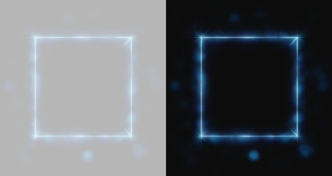 Glowing blue neon square frame with bokeh light particles