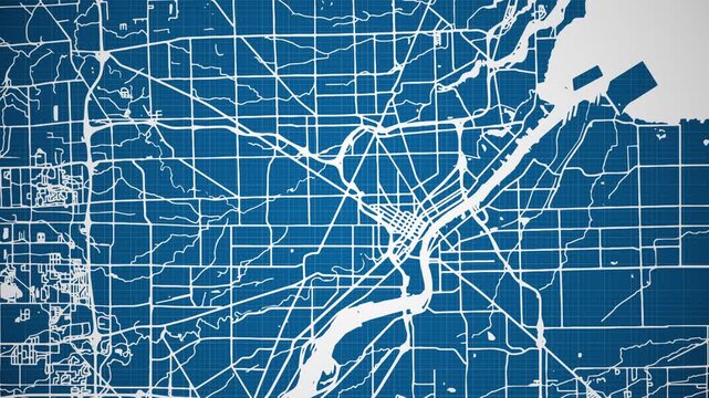 Ink reveal animation of Toledo city, Ohio (OH), United States of America, grid map. Aerial top view. Blueprint style. White lines with blue background. 4K Seamless loop.