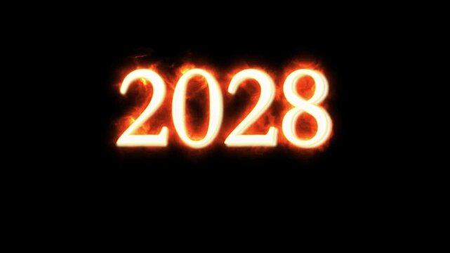 Numbers 2028 appear in a radiant fiery orange glow set against a stark black background to highlight the upcoming year for business forecasting, event planning, and creative timeline project designs.