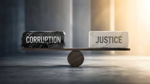 Balance scale with dark corruption stone and white justice marble blocks illustrating moral dilemma and legal equality concept