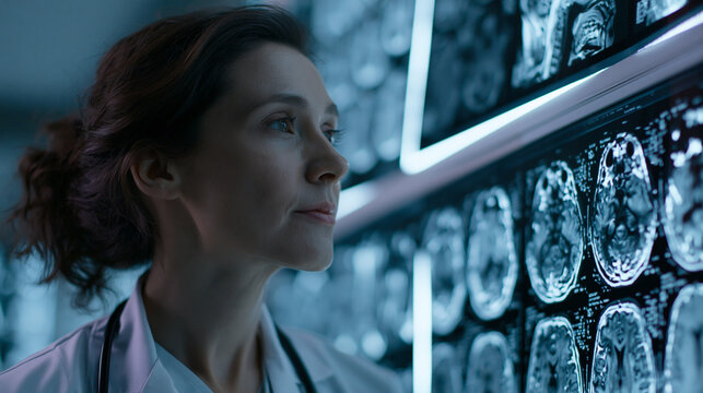 Female Doctor in Medical Laboratory Analyzing Brain Imaging for Neuroscience Diagnosis with Advanced Healthcare Technology