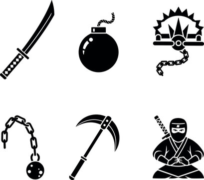Professional set of stealthy black ninja weapon icons featuring a sharp katana and bomb isolated on high contrast white.