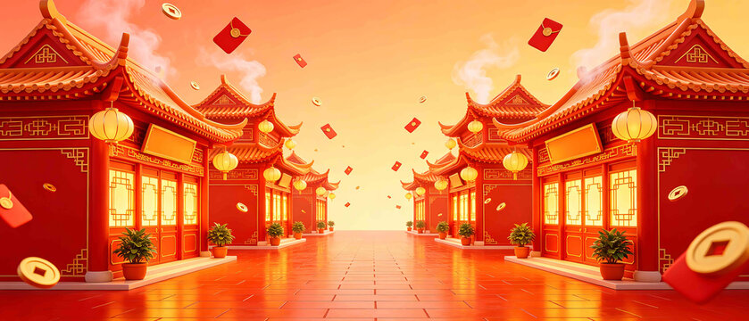 Symmetrical Red Ancient Chinese Corridor With Red Envelopes And Gold Coins