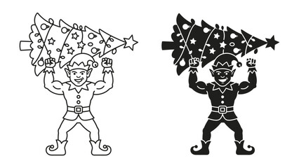 Obraz premium Christmas Elf Carrying Decorated Tree: A cheerful Christmas elf, depicted in both outline and silhouette, proudly carries a decorated Christmas tree above his head.