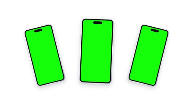 Three modern smartphones with green screen display for app presentation and ui mockup chroma key mobile
