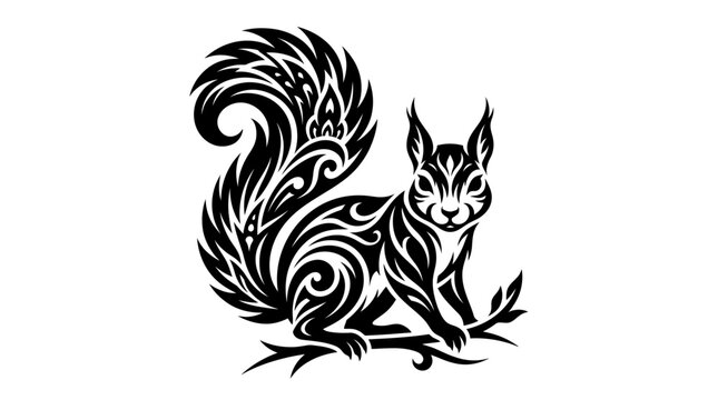 Ornate Black Squirrel Silhouette with Intricate Floral and Swirl Details Sitting on a Branch, Isolated White Background.