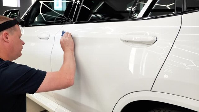 The process of applying a nano-ceramic coating for hydrophobic effect on the car's hood by a male worker with a sponge and bottle of chemical composition and microfiber. Auto detailing service. 