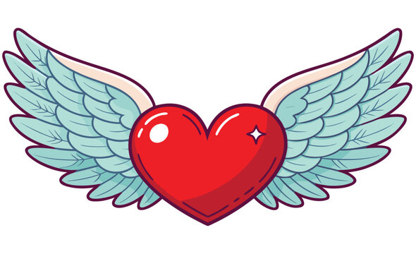 Vector illustration of a romantic flying love heart with single star glint and pastel wings