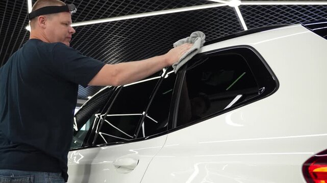 The process of applying a nano-ceramic coating for hydrophobic effect on the car's hood by a male worker with a sponge and bottle of chemical composition and microfiber. Auto detailing service. 