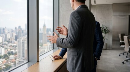 Fototapeta premium Professional businessmen in grey suits discussing corporate strategy while standing in a modern high rise office