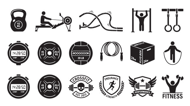 Fitness icons, gym symbols, workout graphics, exercise signs, 20 black vector logos