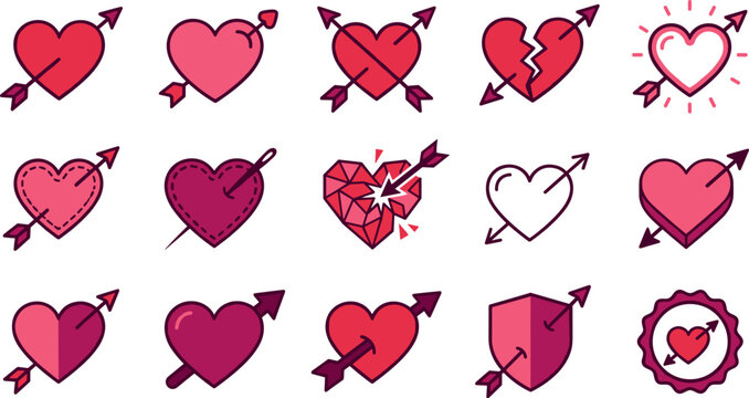 Vector cartoon icon bundle of pink and red hearts pierced by cupid arrows including broken glass crystal shapes and love emblems