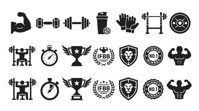 Fitness icons, gym symbols, workout logos, bodybuilding emblems, 25 black vector graphics