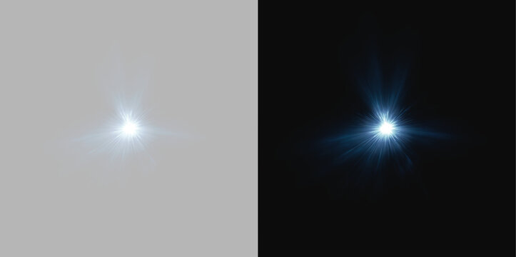 Realistic blue optical flare flash with rays isolated on split screen background
