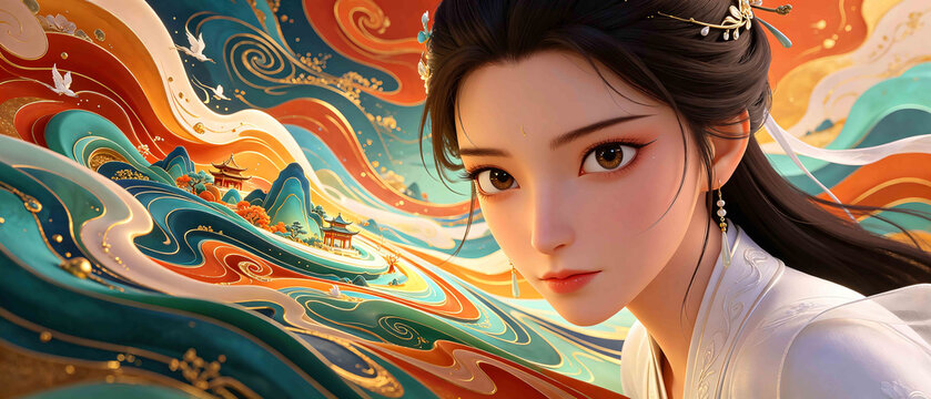 Ancient Chinese Beauty With Colorful Auspicious Cloud Landscape Background