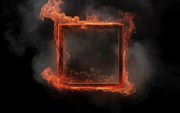 Burning square frame with flames and gray smoke on black background creates intense fiery border with dark central copyspace for dramatic Halloween, music event and bold announcement layouts